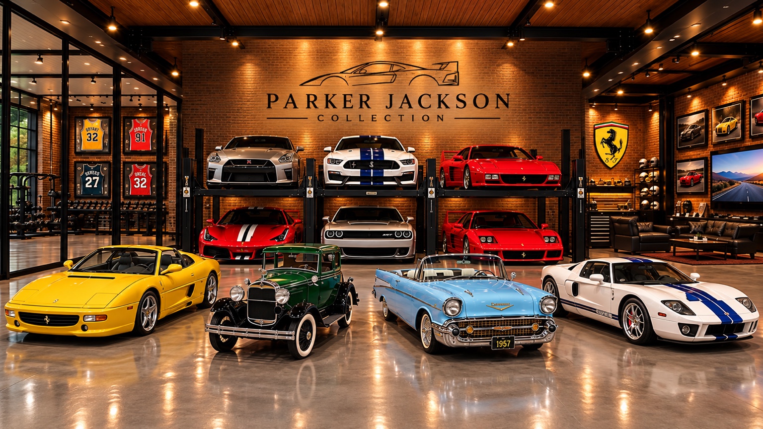 The Parker Jackson Collection garage with classic cars and supercars